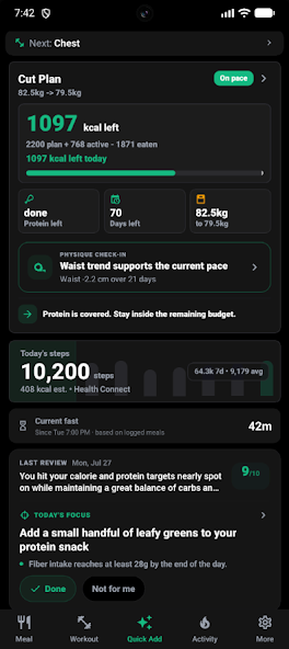 EatLift dashboard showing a cut plan, calories and protein for the day