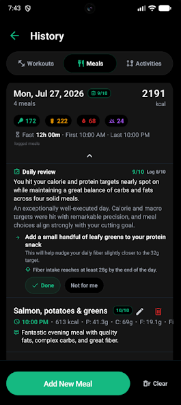 EatLift meal history and daily nutrition review